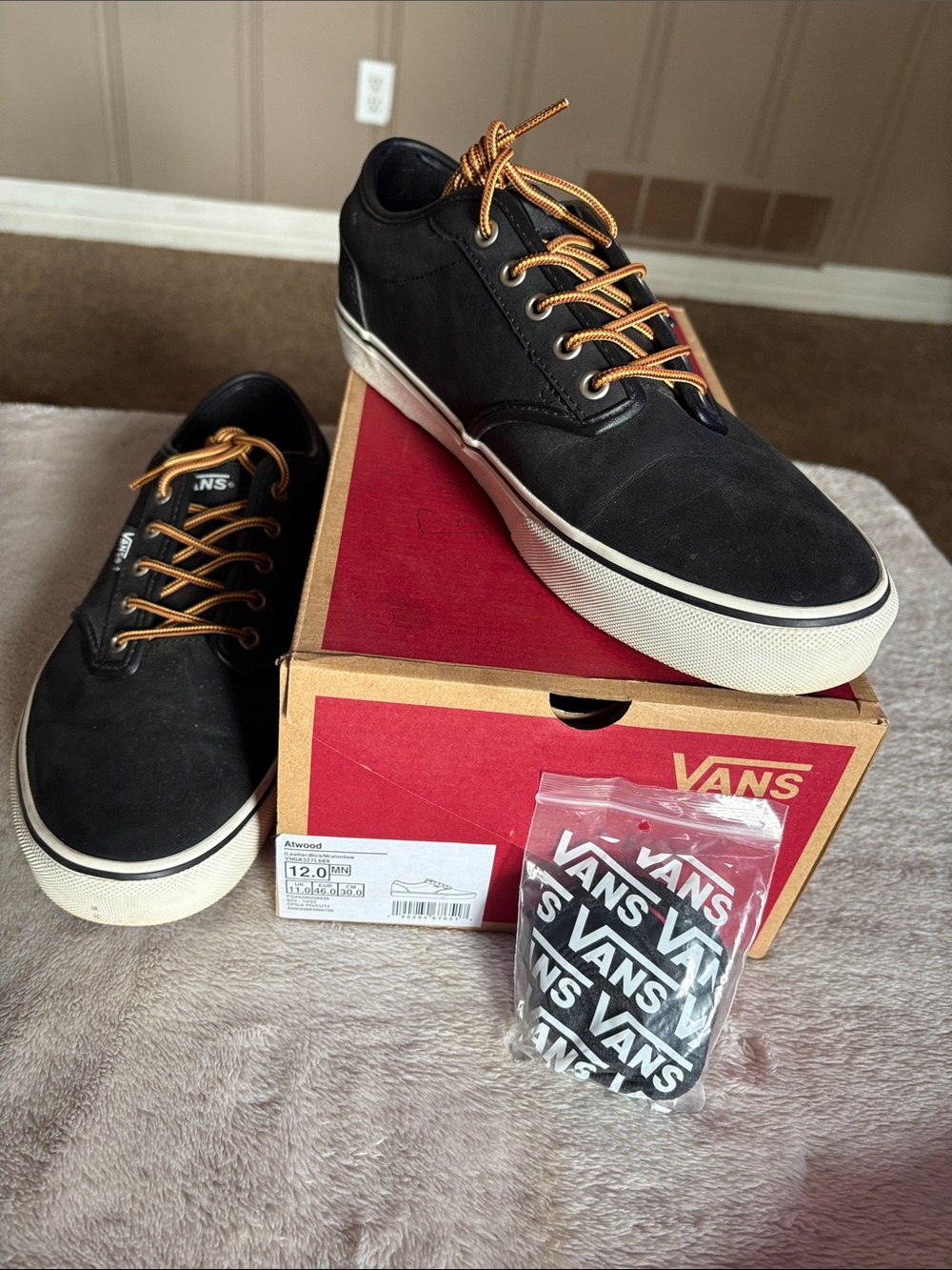 Vans Atwood Black Leather Low-Top Sneakers with Brown Laces